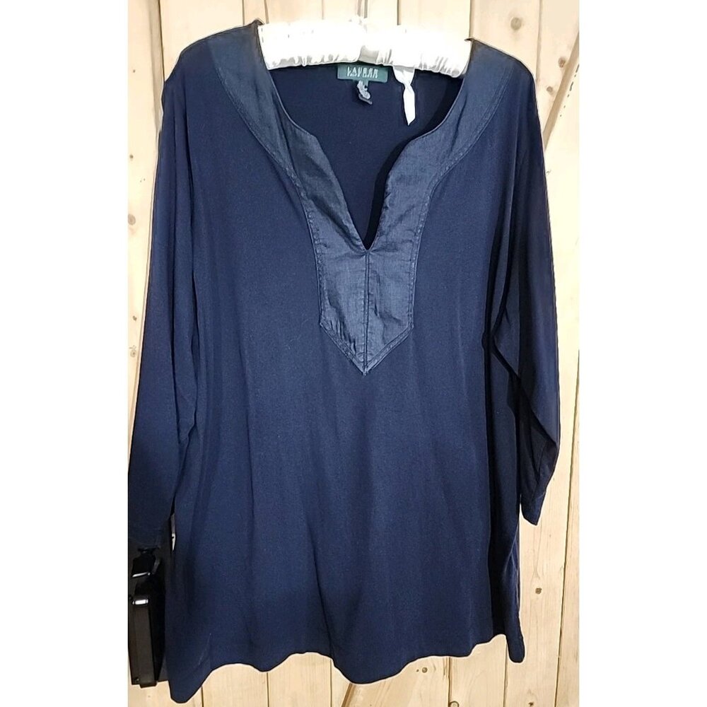 Lauren Ralph Lauren Top Women's 3X Blue Boho Casual V Neck Tunic Cotton 3/4 Slee